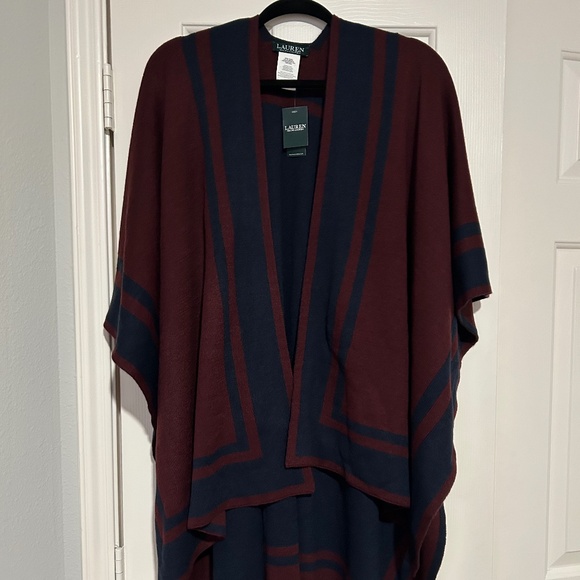 NWT Lauren Ralph Lauren Reversible Wine/Navy Poncho Sweater OS Preppy ~ Stripes! - Picture 1 of 3